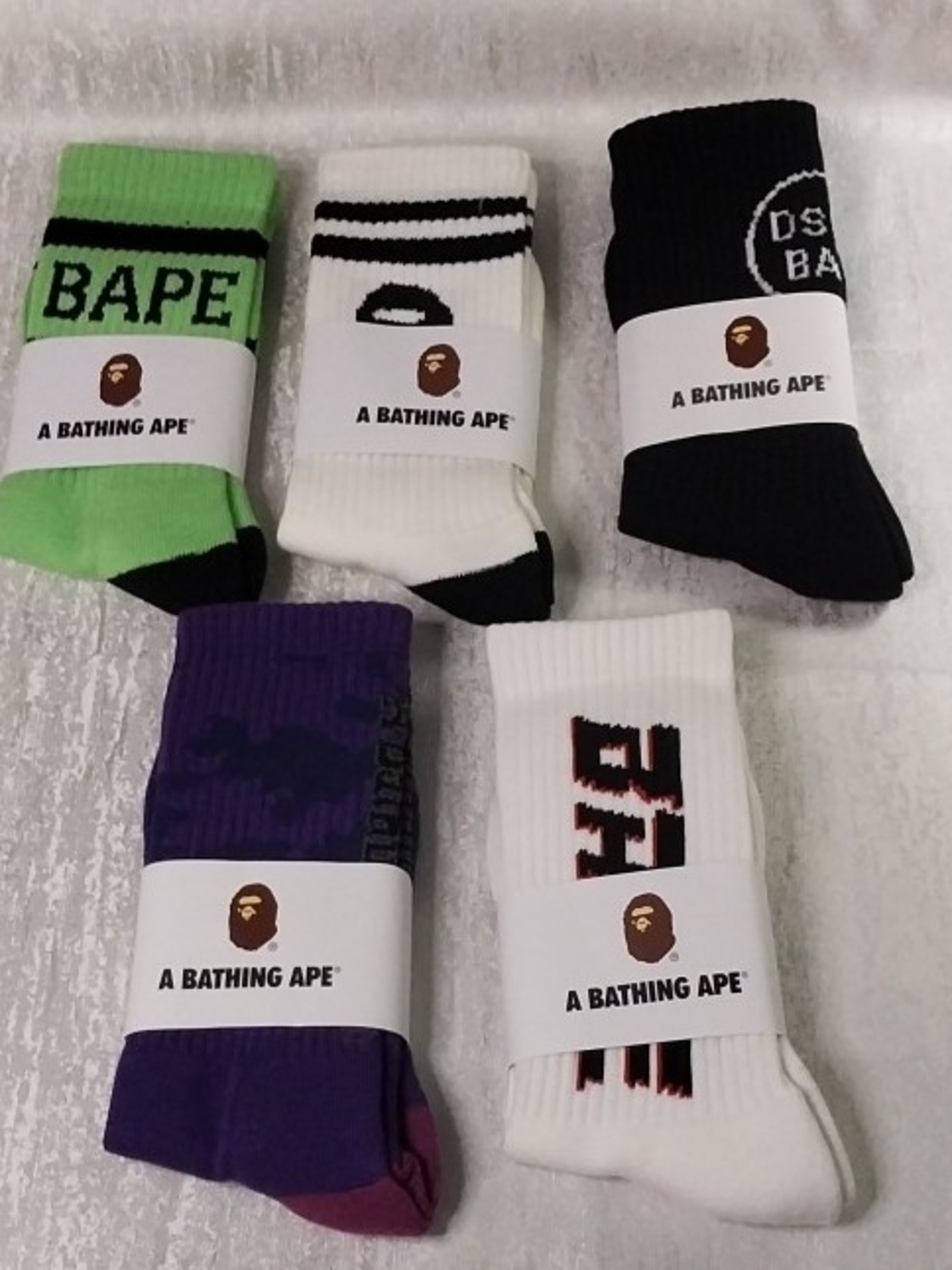 Bape Crew Socks 5-Pack in Green, White, Black, Purple 7-9
